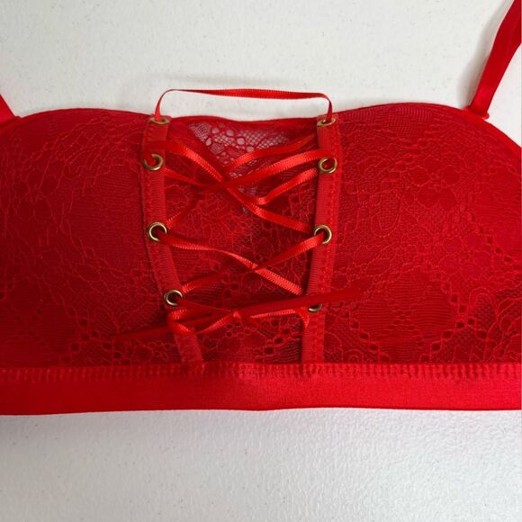 Red Lace Bralette Corset Lace Tie Up Bra Convertible Strapless Push Up Women 34C - Picture 7 of 16
